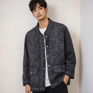 Men's Acid Wash Denim Jean Chore Jacket Size M Oversized Black Pockets Grunge